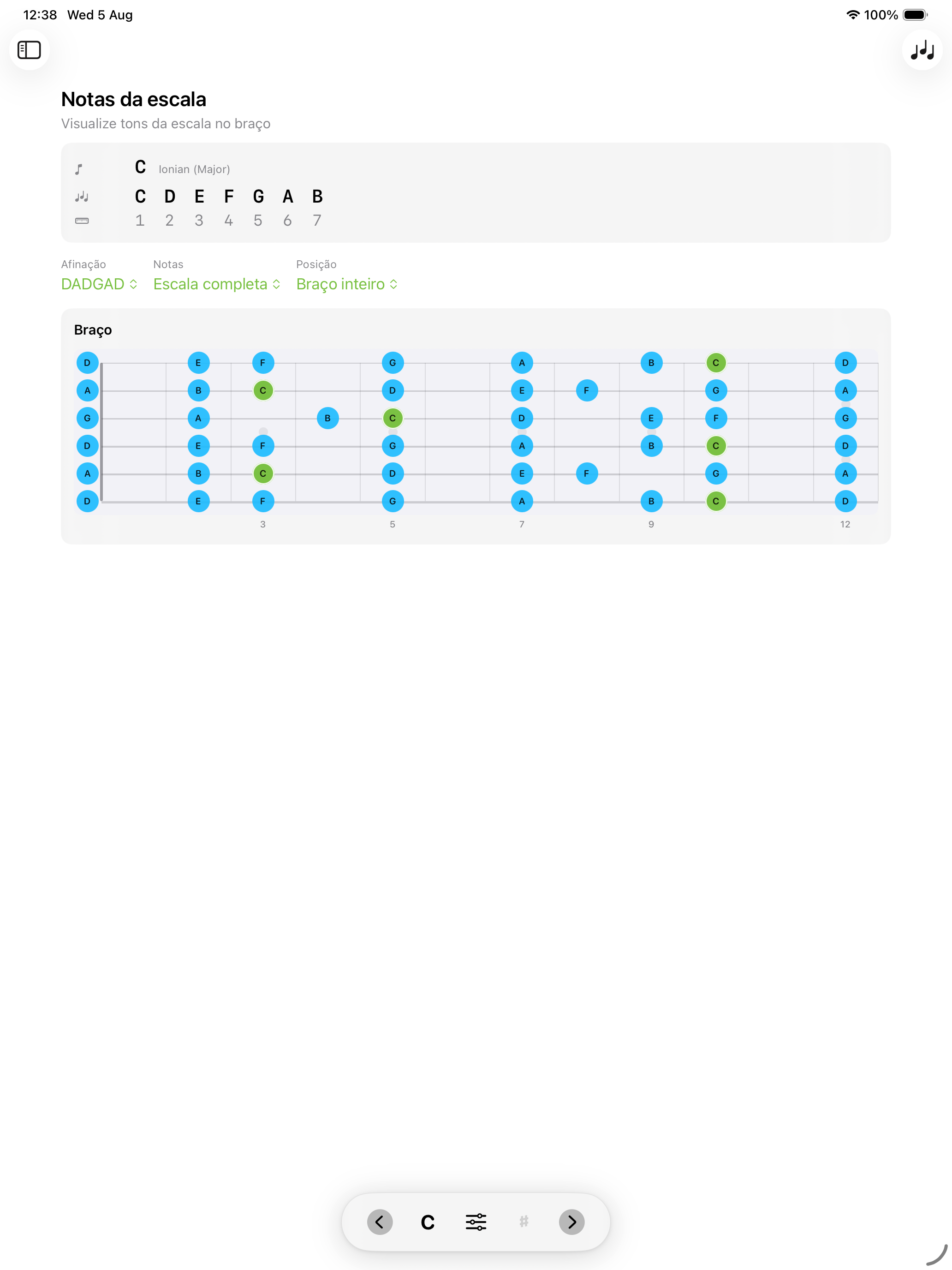 Braço reafinado para DADGAD no iPad